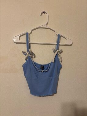 SHEIN Light Blue Ribbed Tie-Shoulder Crop Camisole